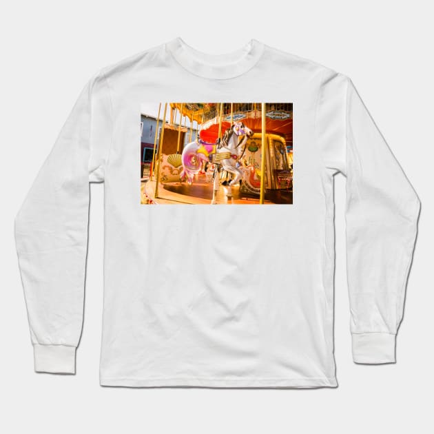 White Carousel Horse with Seahorse Tail Long Sleeve T-Shirt by KensLensDesigns